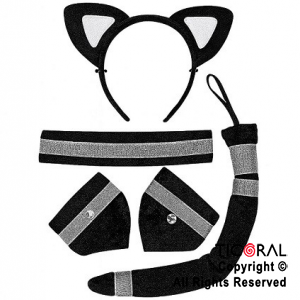SET DISFRAZ GATITA KITTY VINCHA OREJAS COLLAR COLA Y MUEQUERAS